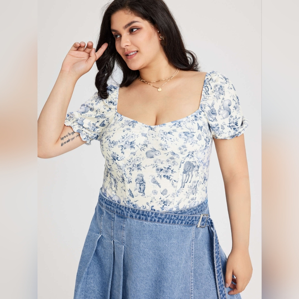 Cider Blue Floral Puff Sleeve Bodysuit